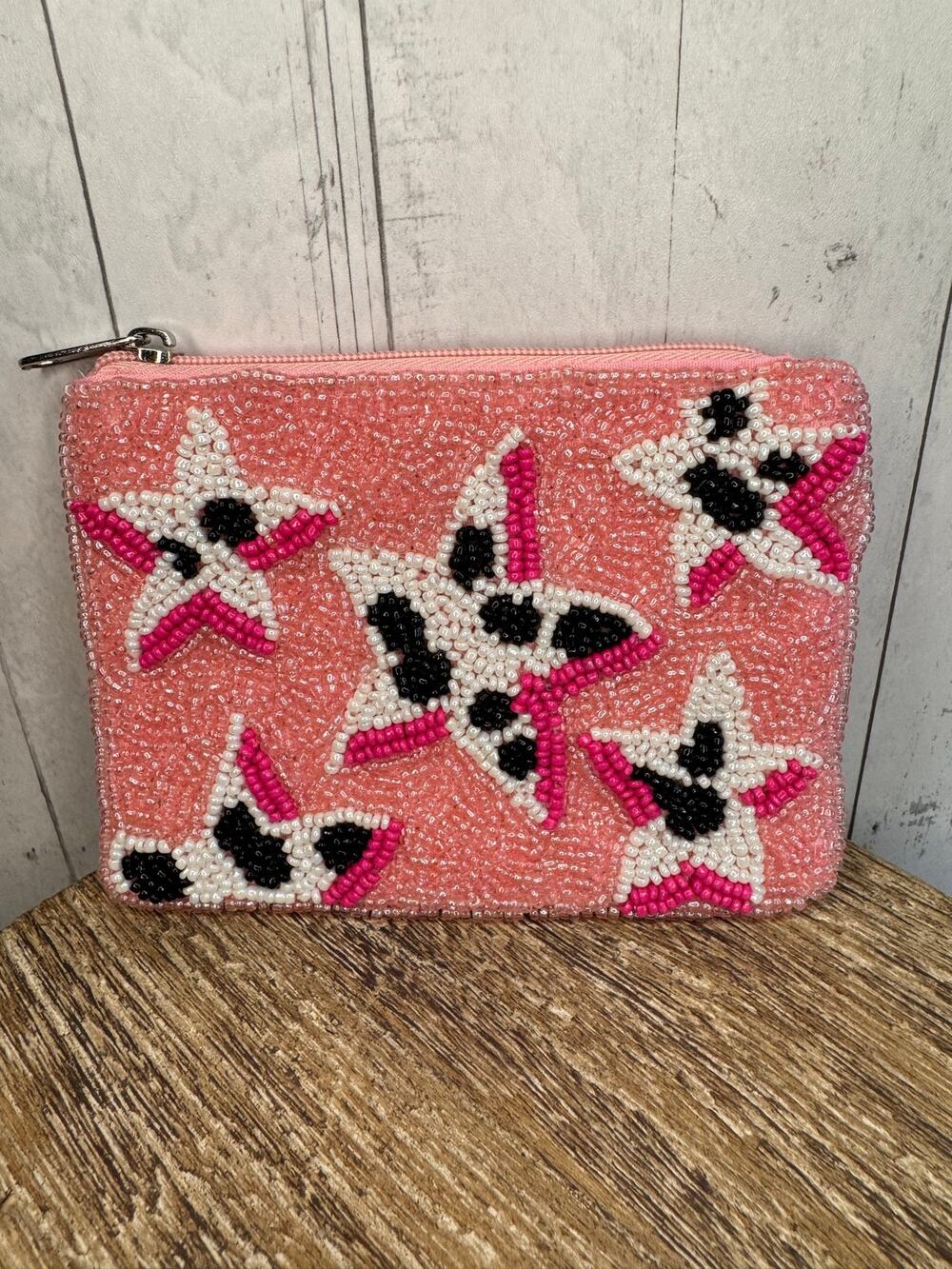 Beaded Coin Purse Cow Star Pink Wallet Travel Womens Accessories NEW FAST SHIP